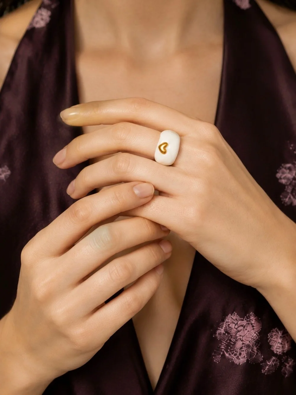 White Resin Ring with Gold Heart Accent
